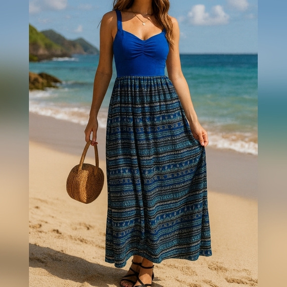 Mudd Babydoll Maxi Dress M Coastal Coquette Y2K Striped Royal Blue Sweetheart - Picture 9 of 9